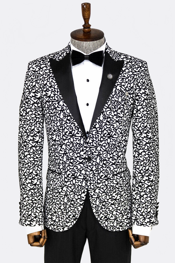 WSS Scroll Patterned White Men Prom Blazer  - Vilnius