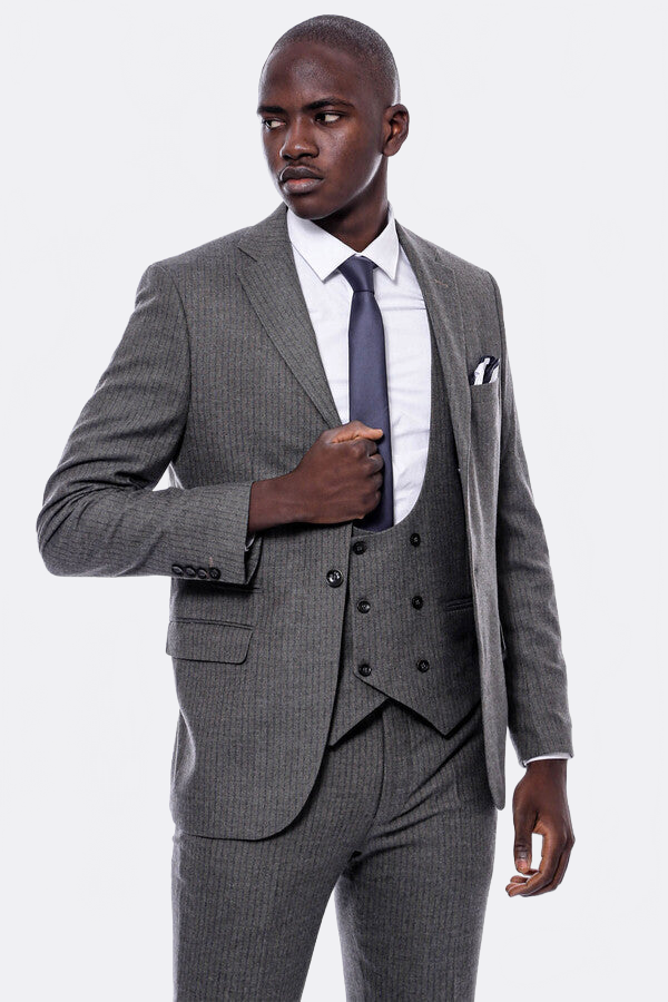 WSS Striped Dark Beige Double Breasted Suit  - Lenexa