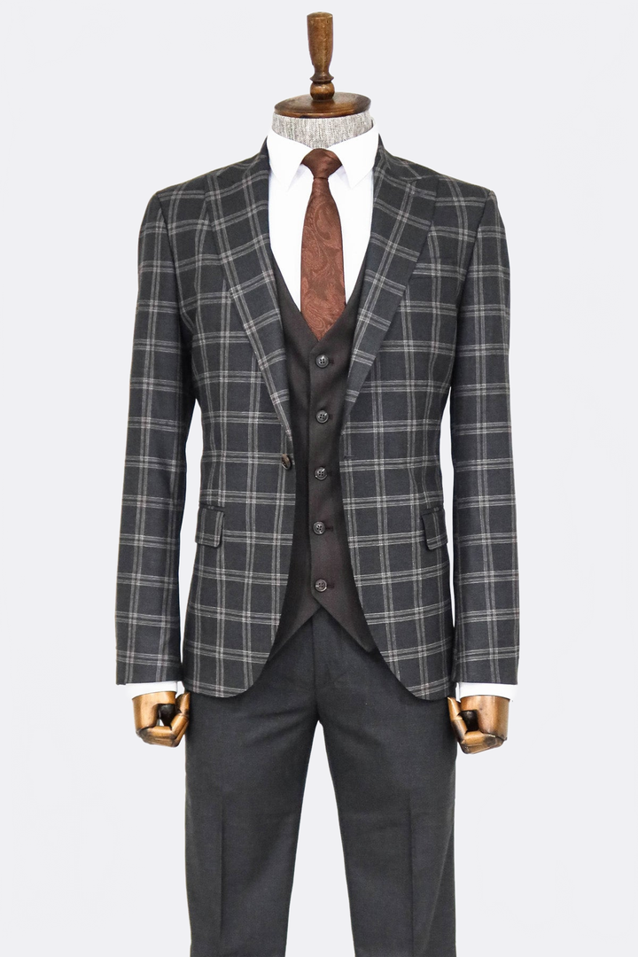 WSS Checked Patterned Slim Fit Black Men Suit  - Del Rio