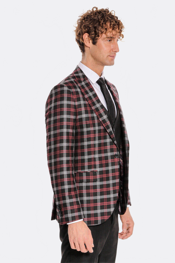 WSS Burgundy Checked Blazer Slim Fit Black Men Suit  - Saint-Brieuc