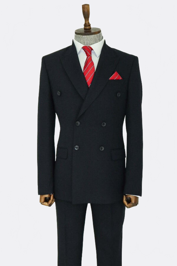WSS Wide Peak Lapel Patterned Double Breasted Black Men Suit   - Moreno Valley