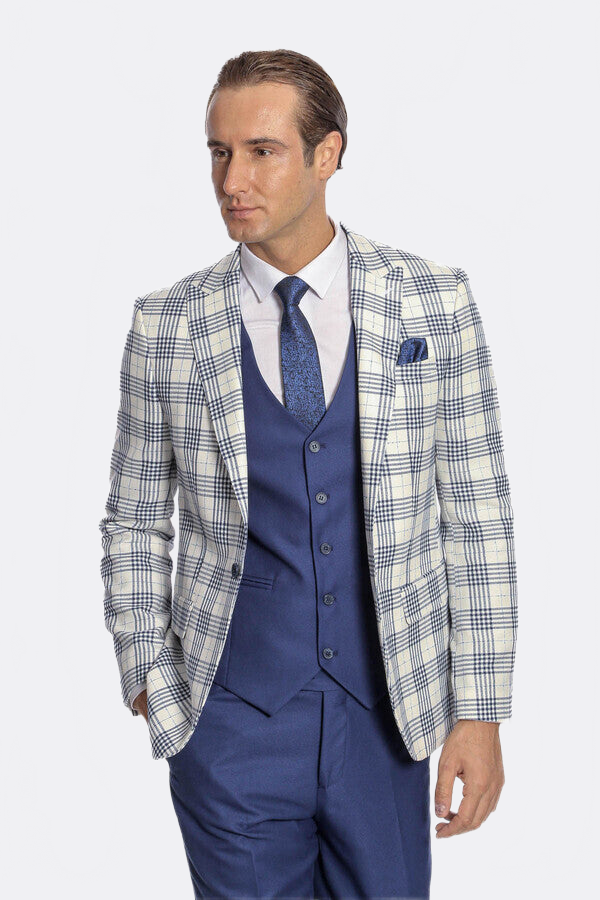WSS Checked Slim Fit Navy Blue Men Suit  - Angra do Heroísmo