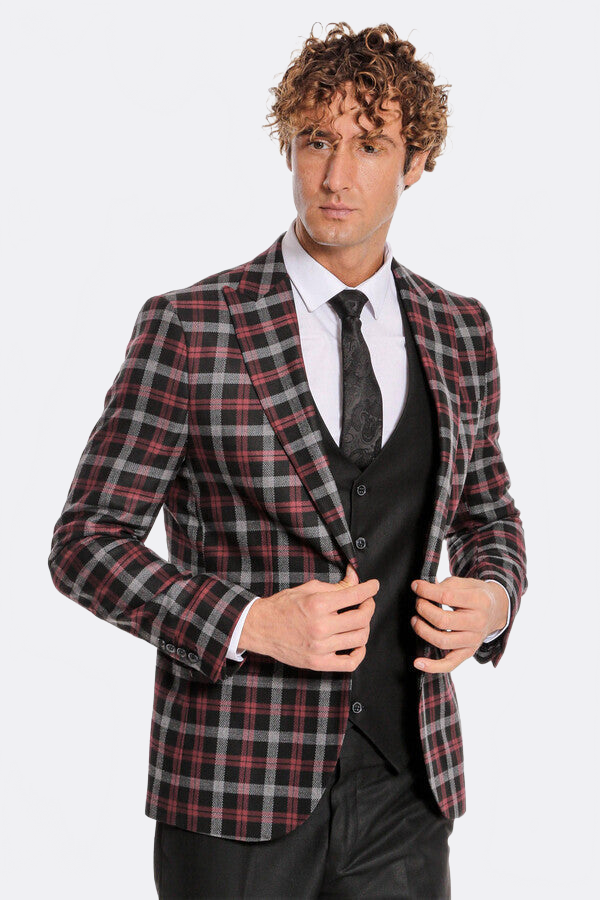 WSS Burgundy Checked Blazer Slim Fit Black Men Suit  - Saint-Brieuc