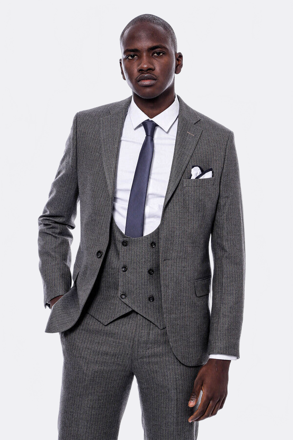 WSS Striped Dark Beige Double Breasted Suit  - Lenexa