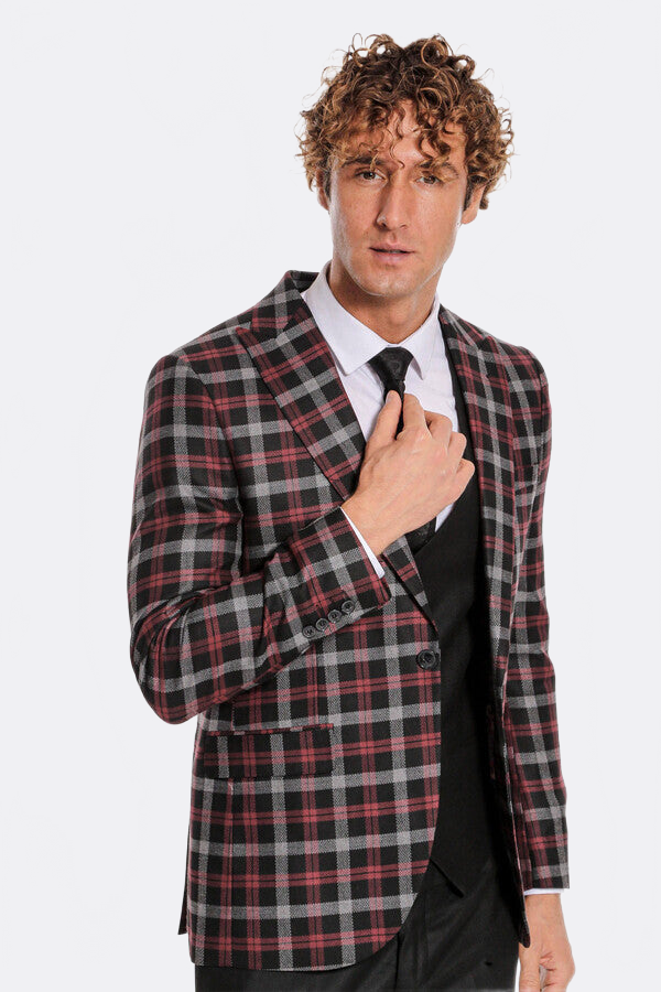 WSS Burgundy Checked Blazer Slim Fit Black Men Suit  - Saint-Brieuc