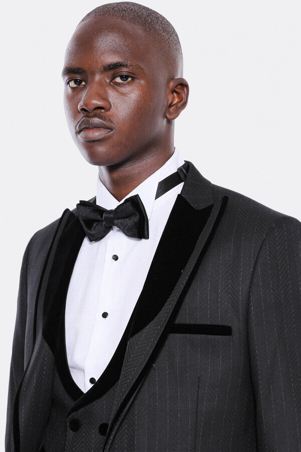 WSS Velvet Lapel Striped Herringbone Black 3 Piece Tuxedo  - Prattville