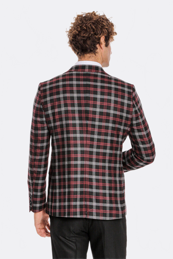 WSS Burgundy Checked Blazer Slim Fit Black Men Suit  - Saint-Brieuc