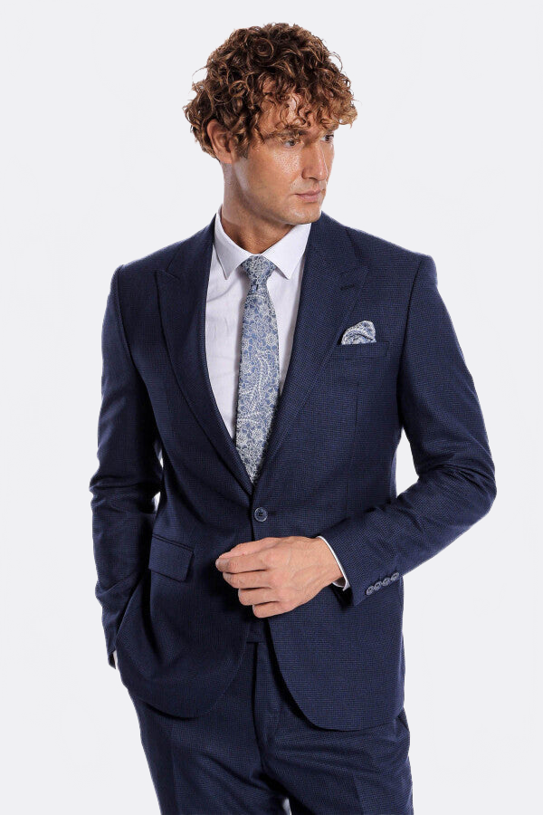 WSS Two Piece Patterned Navy Blue Men Suit  - Redding
