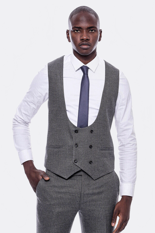WSS Striped Dark Beige Double Breasted Suit  - Lenexa