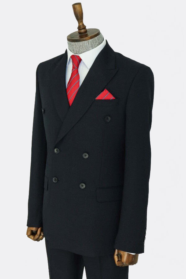 WSS Wide Peak Lapel Patterned Double Breasted Black Men Suit   - Moreno Valley