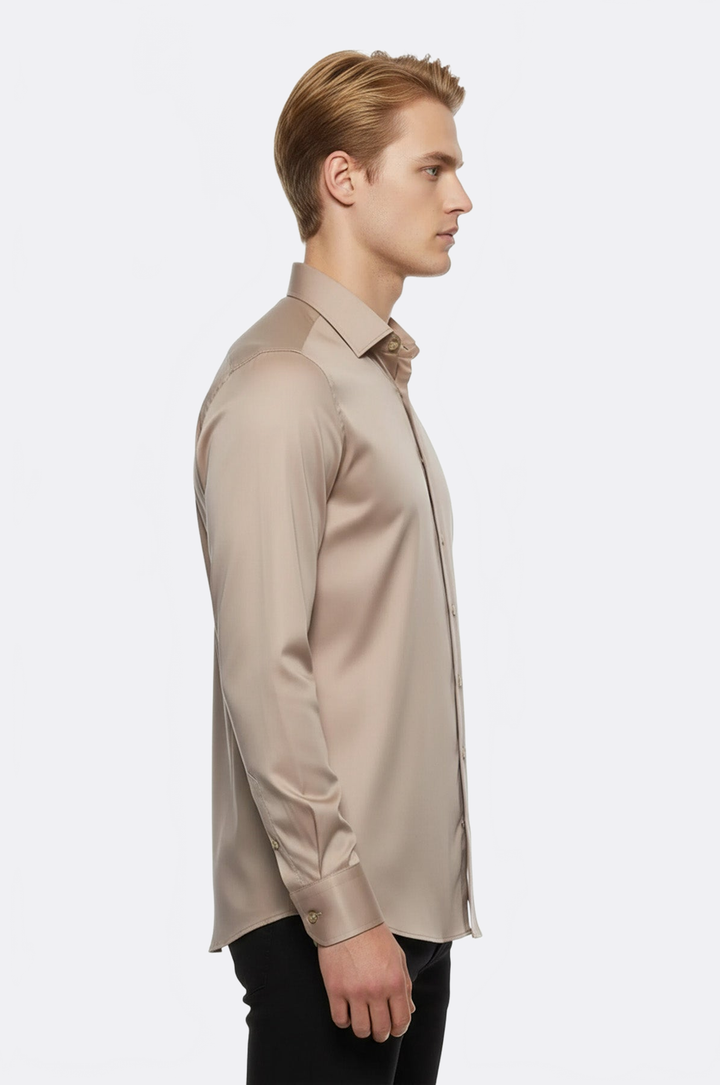 WSS Cotton Satin Plain Long Sleeves Slim Fit Beige Men Shirt  - Moore