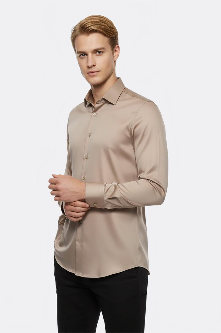 WSS Cotton Satin Plain Long Sleeves Slim Fit Beige Men Shirt  - Moore