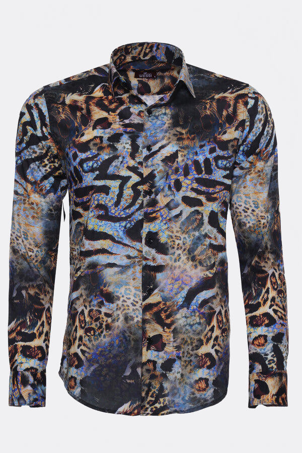 WSS Leopard Pattern Slim Fit Long Sleeves Multicolor Men Shirt  - Inca