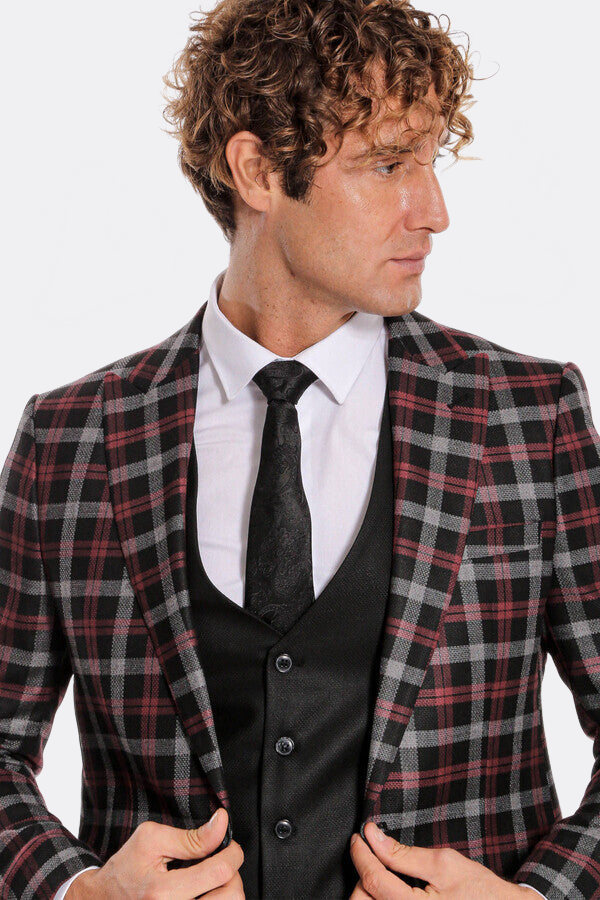 WSS Burgundy Checked Blazer Slim Fit Black Men Suit  - Saint-Brieuc