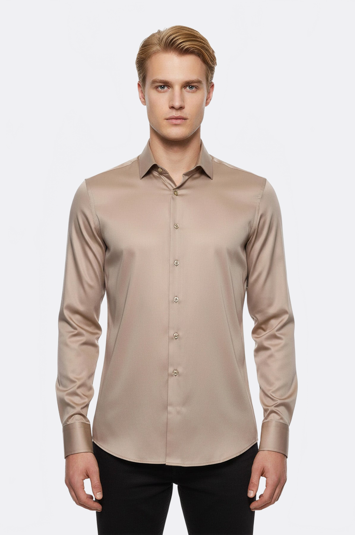 WSS Cotton Satin Plain Long Sleeves Slim Fit Beige Men Shirt  - Moore