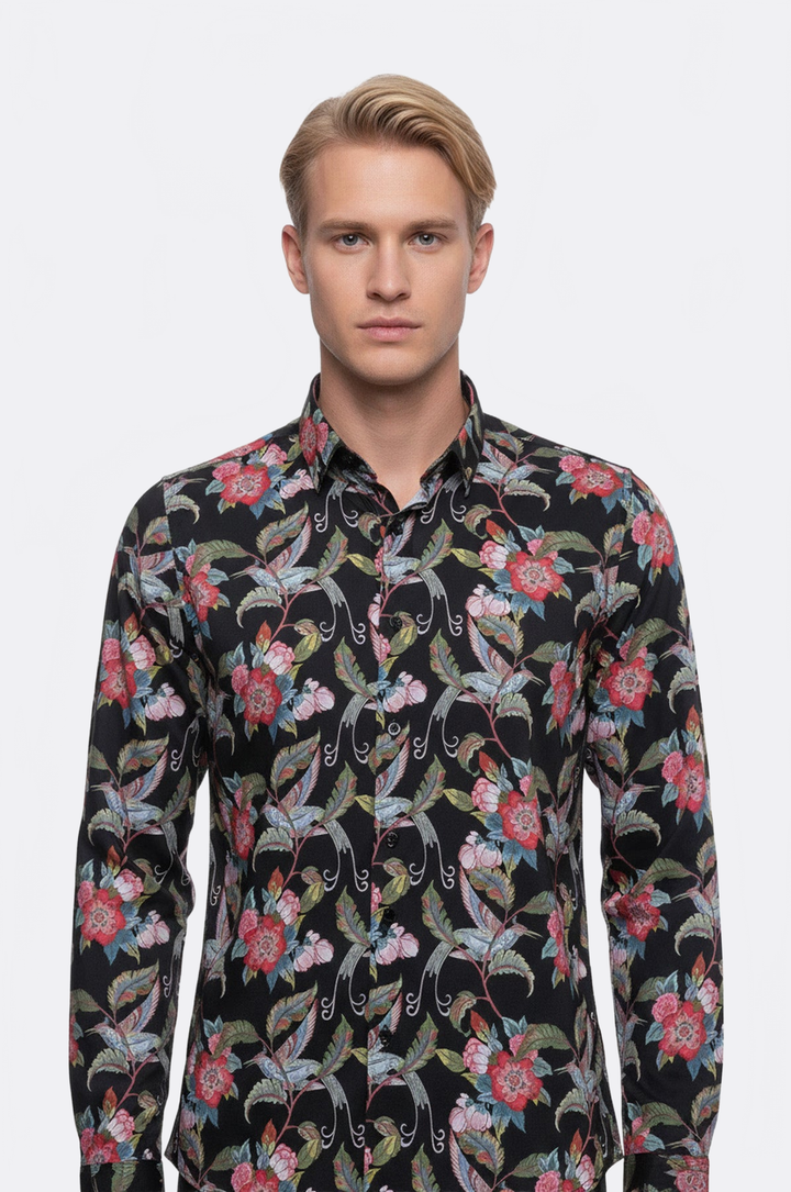 WSS Hummingbird And Floral Patterned Long Sleeves Black Men Shirt  - Lyon