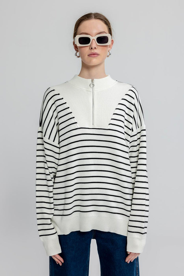 BSL Women Oversize Half Zipper Striped Knitwear Sweater - Vénissieux