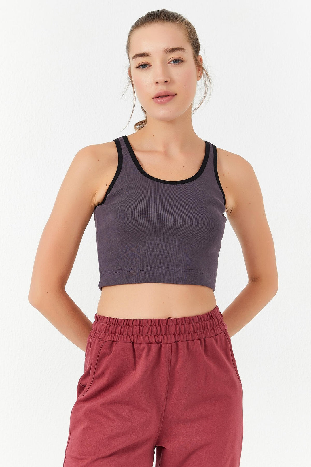 TMY Open Purple Basic Sleeveless Slim Fit U Neck Women's Crop Top Tank Top - 97162 - Kerch