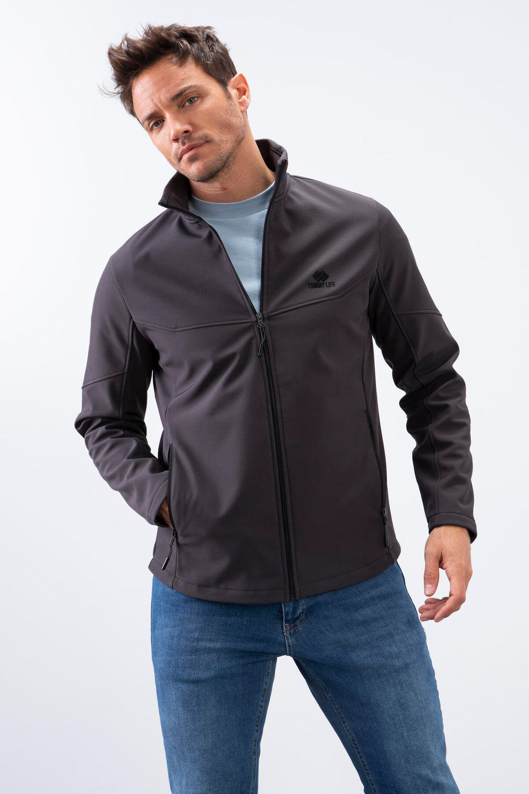 TMY Anthracite Zippered Stand-up Collar Water and Wind Resistant Softshell Men's Jacket - 88050 - Waukegan