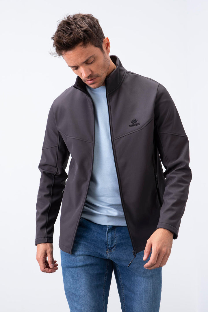 TMY Anthracite Zippered Stand-up Collar Water and Wind Resistant Softshell Men's Jacket - 88050 - Waukegan