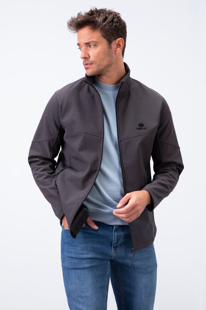 TMY Anthracite Zippered Stand-up Collar Water and Wind Resistant Softshell Men's Jacket - 88050 - Waukegan