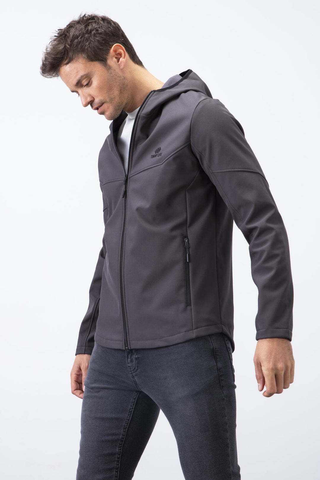 TMY Anthracite Zippered Hooded Water and Wind Resistant Softshell Men's Jacket - 88051 - Paterson