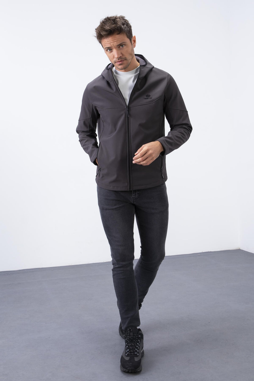 TMY Anthracite Zippered Hooded Water and Wind Resistant Softshell Men's Jacket - 88051 - Paterson