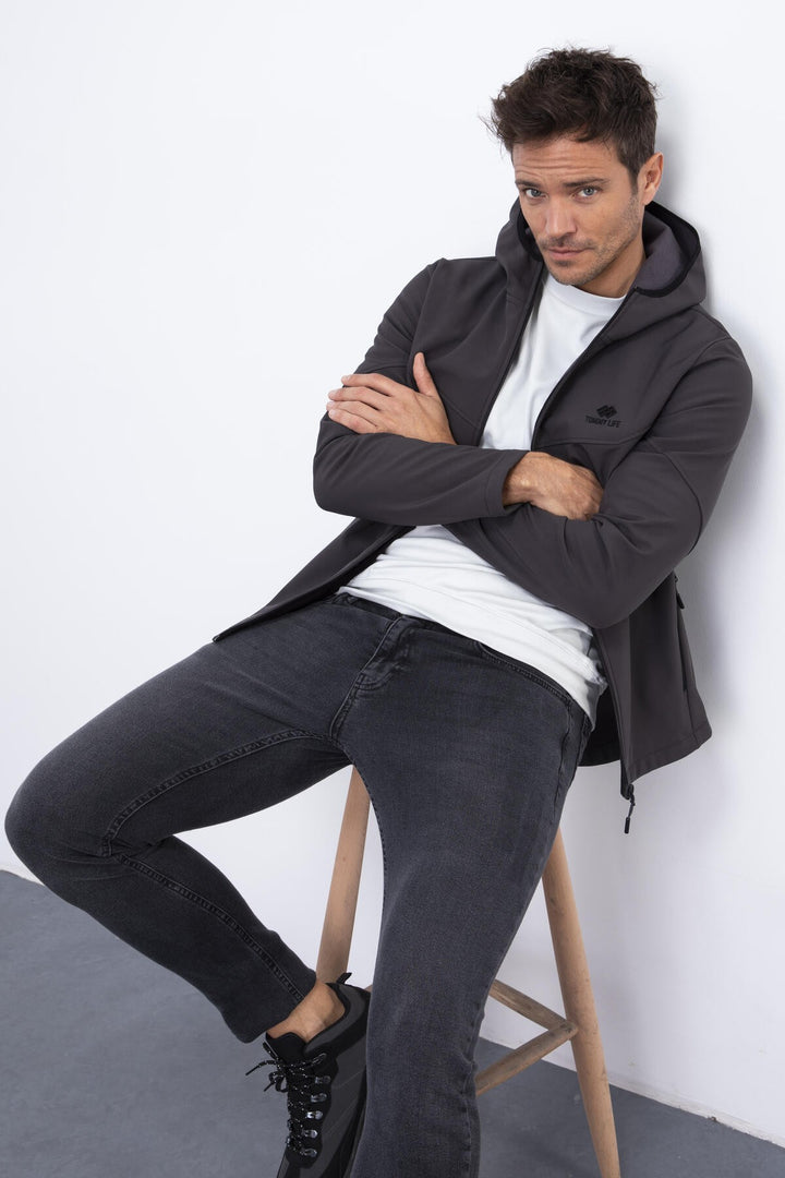TMY Anthracite Zippered Hooded Water and Wind Resistant Softshell Men's Jacket - 88051 - Paterson