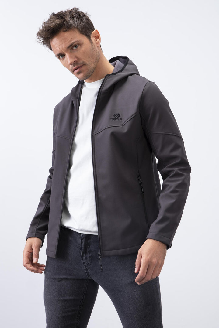 TMY Anthracite Zippered Hooded Water and Wind Resistant Softshell Men's Jacket - 88051 - Paterson