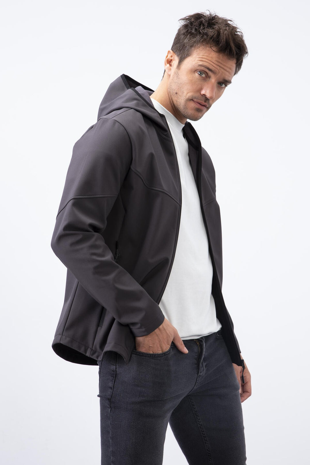 TMY Anthracite Zippered Hooded Water and Wind Resistant Softshell Men's Jacket - 88051 - Paterson