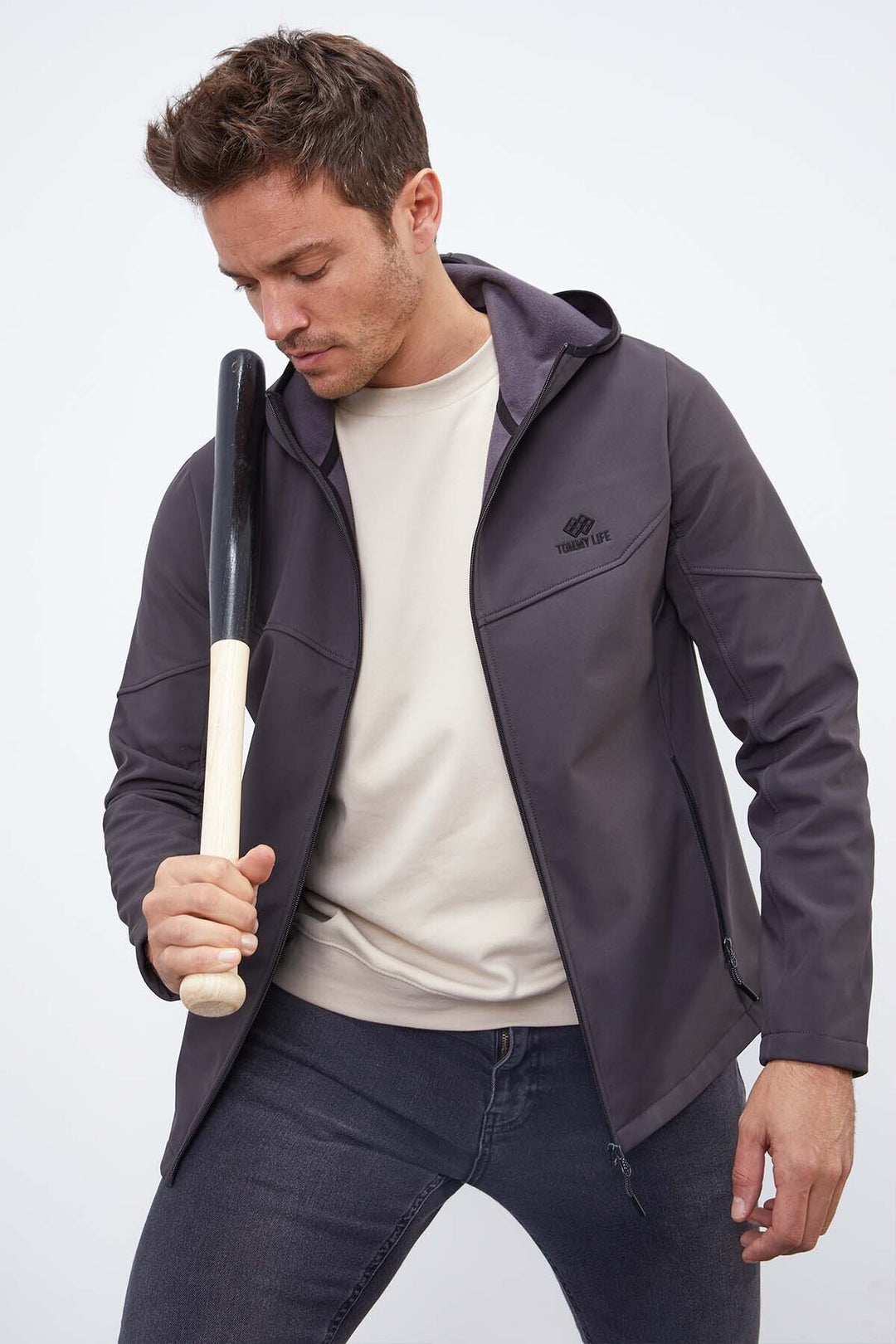 TMY Anthracite Zippered Hooded Water and Wind Resistant Softshell Men's Jacket - 88051 - Paterson