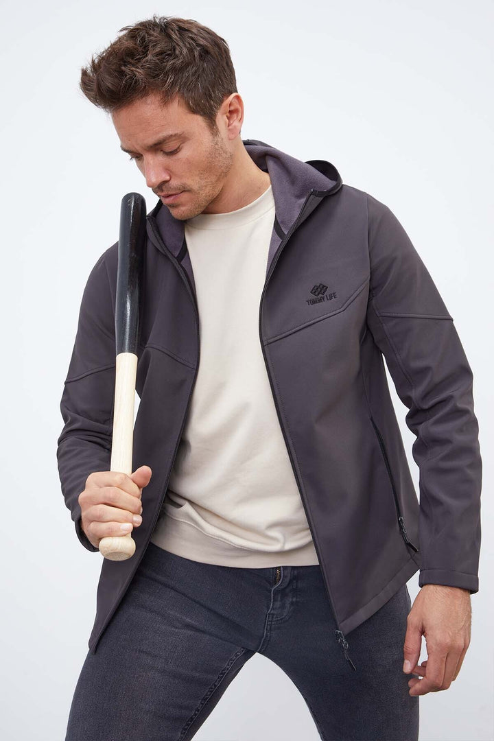 TMY Anthracite Zippered Hooded Water and Wind Resistant Softshell Men's Jacket - 88051 - Paterson