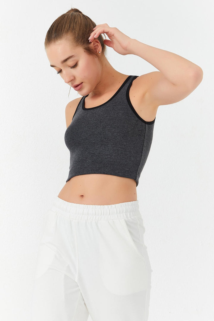TMY Anthracite Melange Basic Zero Sleeve Slim Fit U Neck Women's Crop Top Tank Top - 97162 - Modesto