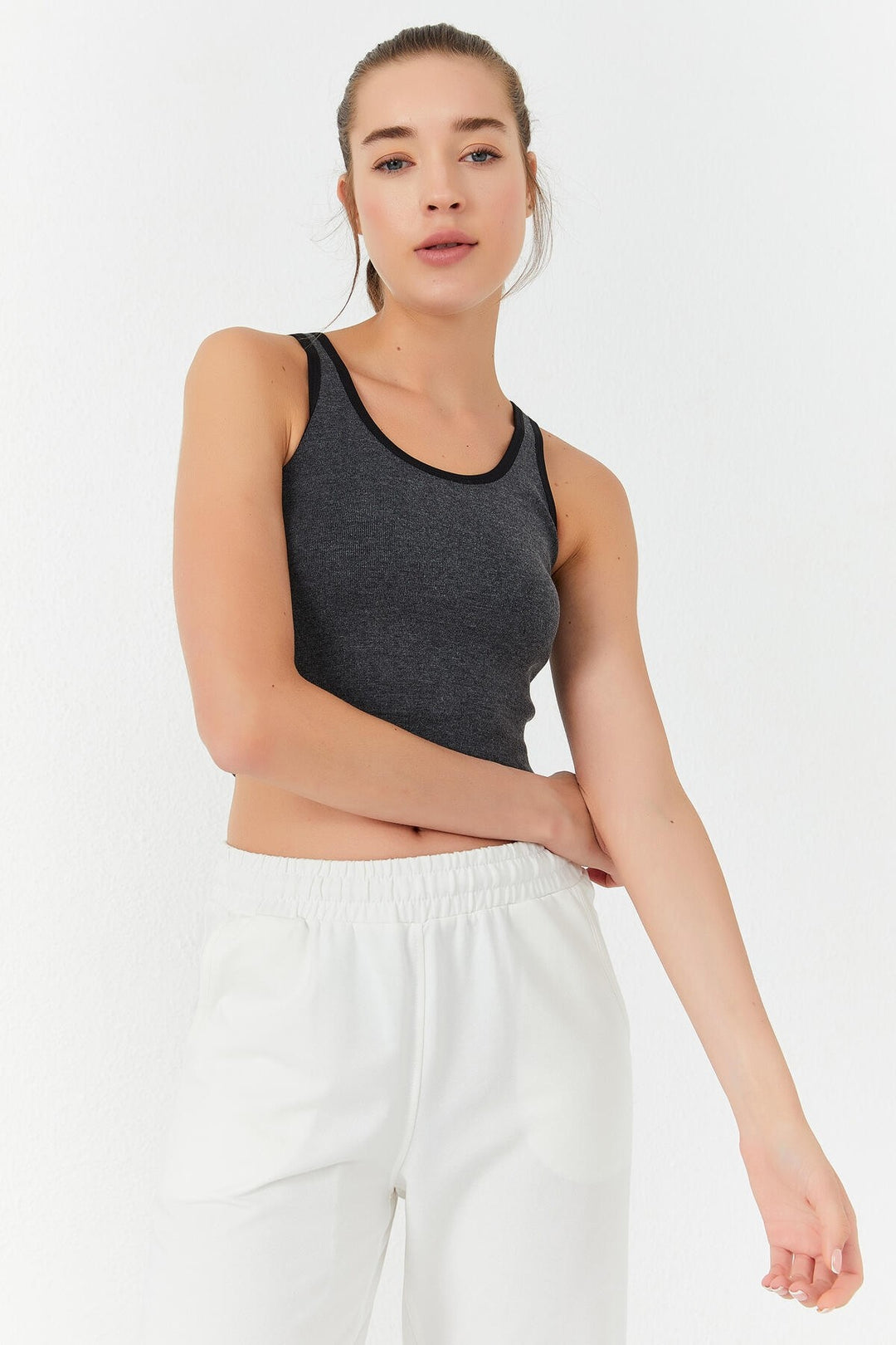 TMY Anthracite Melange Basic Zero Sleeve Slim Fit U Neck Women's Crop Top Tank Top - 97162 - Modesto