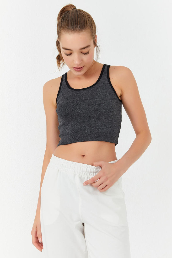 TMY Anthracite Melange Basic Zero Sleeve Slim Fit U Neck Women's Crop Top Tank Top - 97162 - Modesto