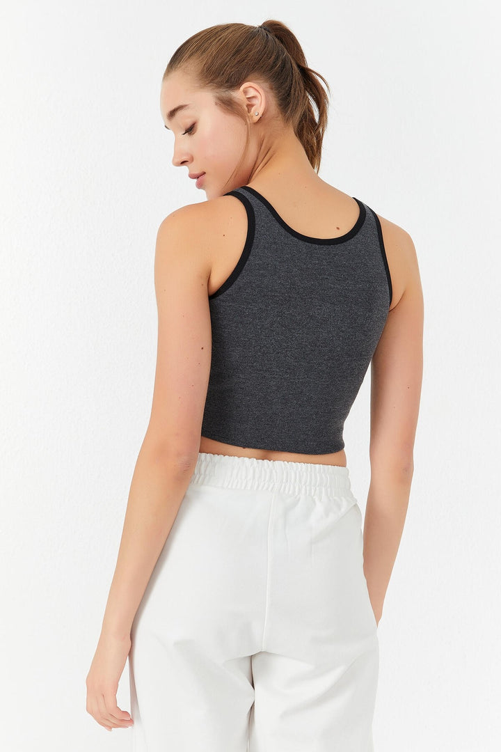 TMY Anthracite Melange Basic Zero Sleeve Slim Fit U Neck Women's Crop Top Tank Top - 97162 - Modesto