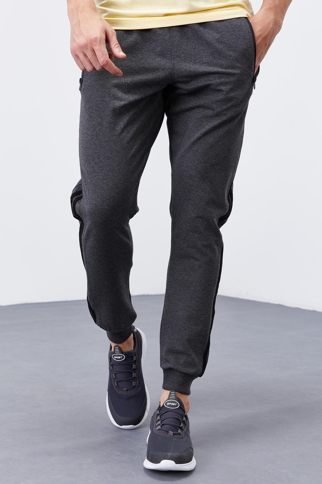 TMY Anthracite Melange Double Striped Standard Mold Jogger Men's Sweatpants - 84694 - Cosamaloapan