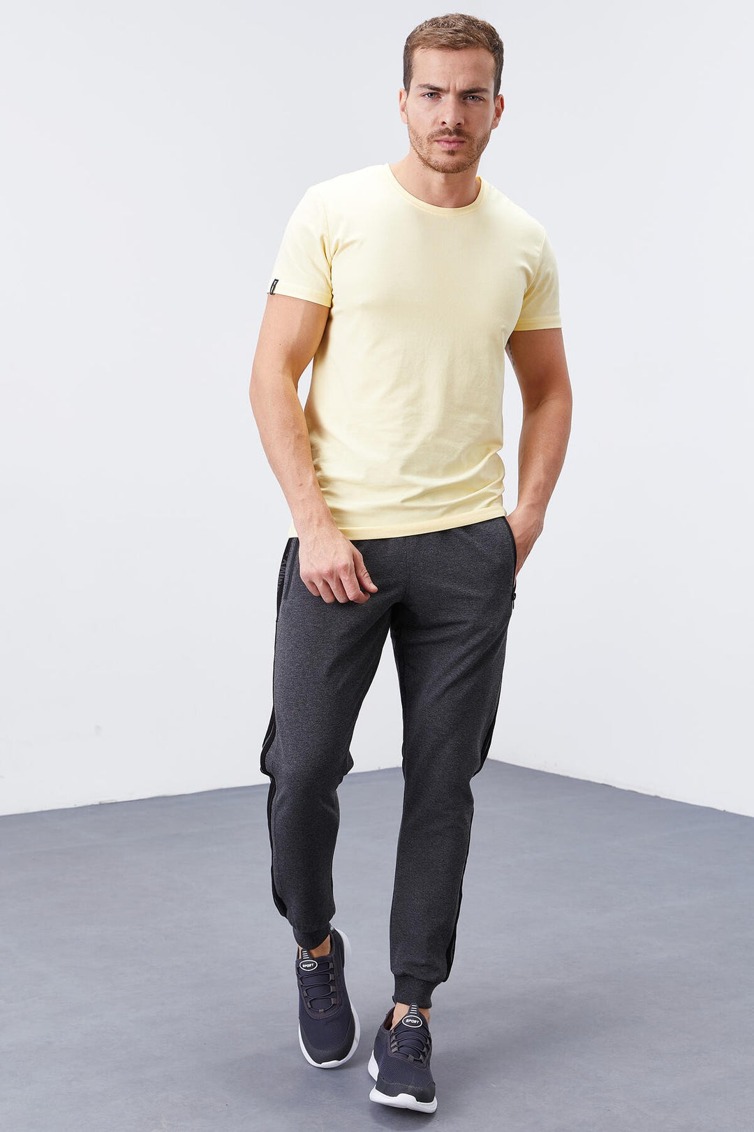 TMY Anthracite Melange Double Striped Standard Mold Jogger Men's Sweatpants - 84694 - Cosamaloapan