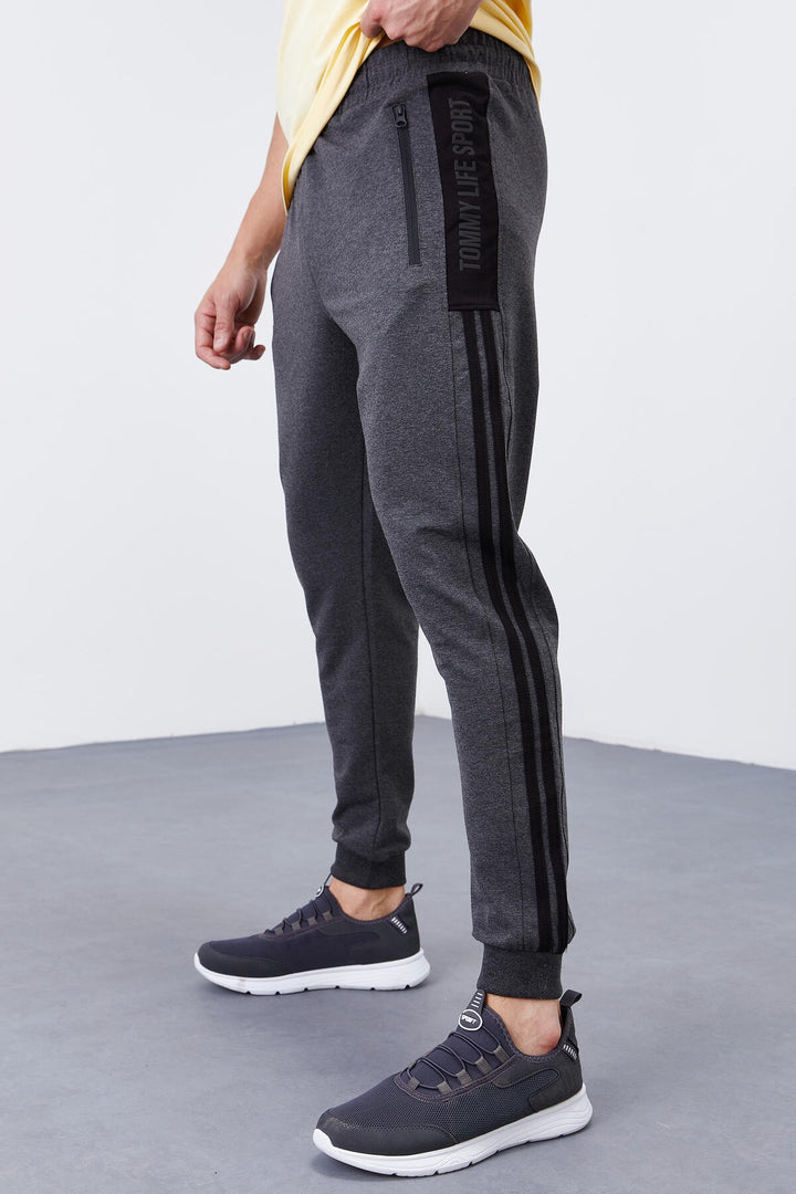 TMY Anthracite Melange Double Striped Standard Mold Jogger Men's Sweatpants - 84694 - Cosamaloapan