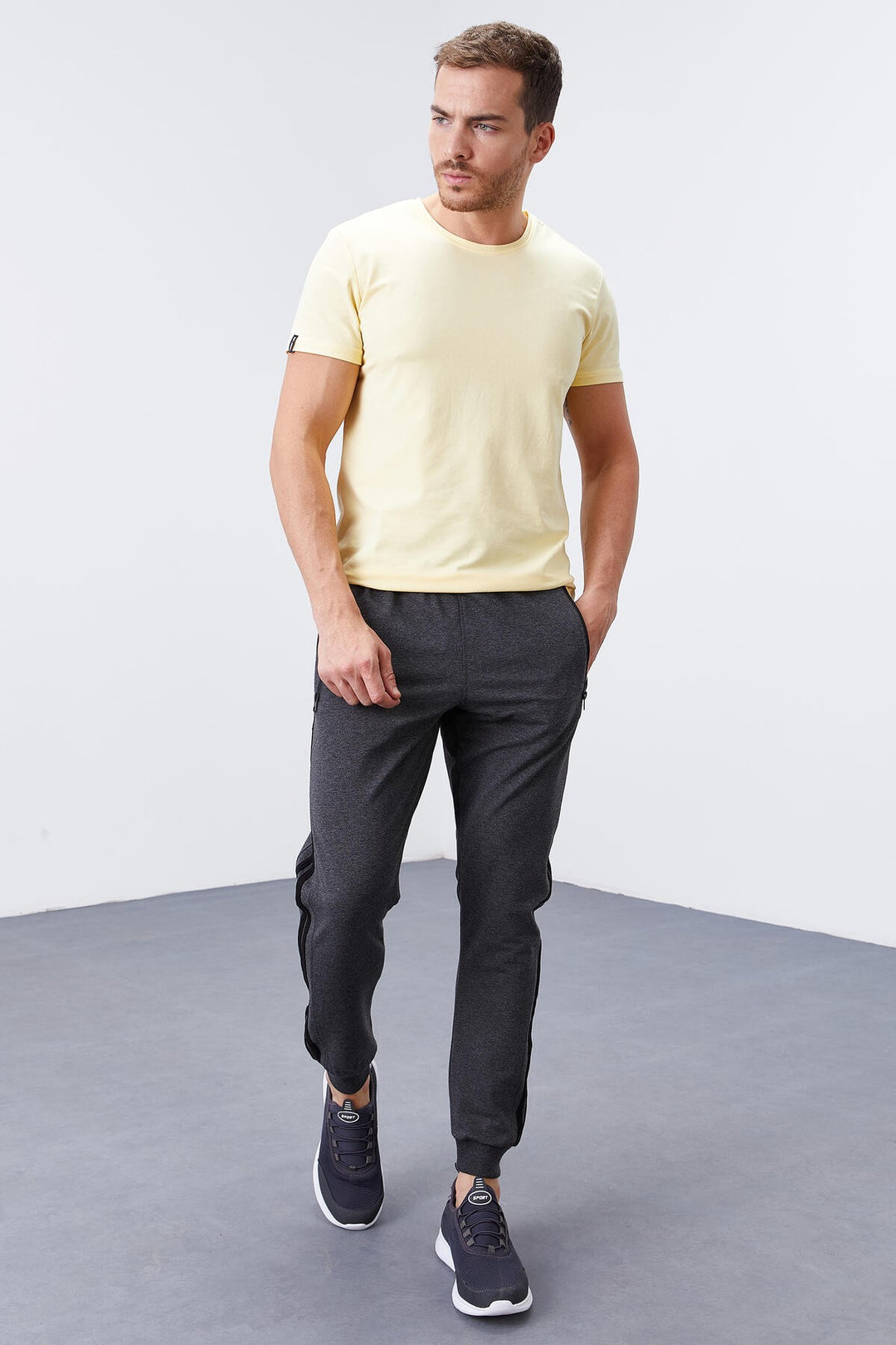 TMY Anthracite Melange Double Striped Standard Mold Jogger Men's Sweatpants - 84694 - Cosamaloapan