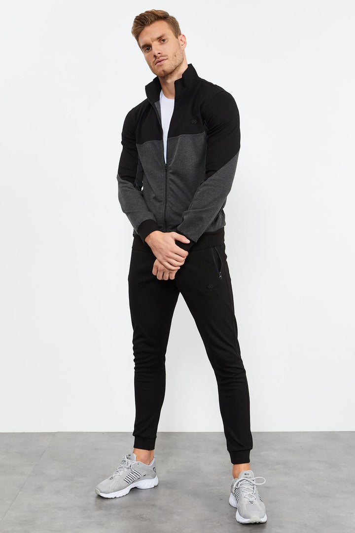 TMY Anthracite Melange Round Neck Two-Color Standard Mold Cuffed Men's Tracksuit - 85142 - Springfield