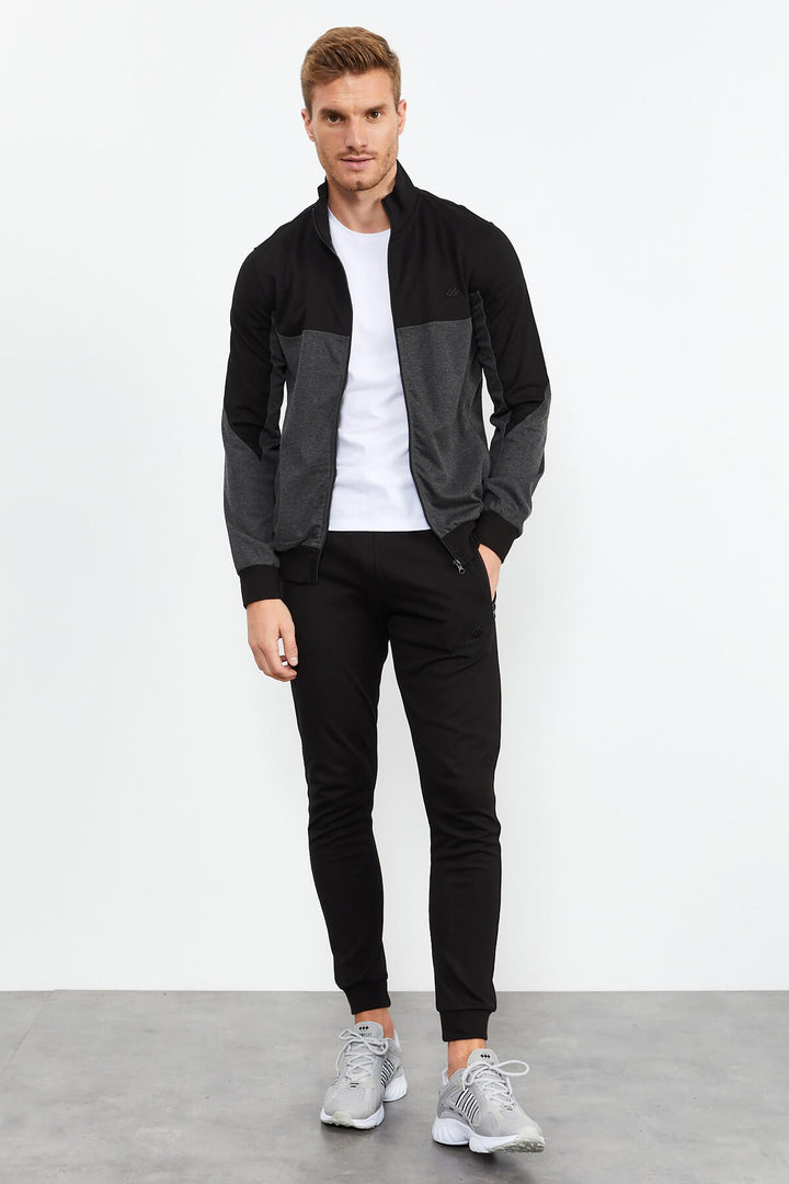 TMY Anthracite Melange Round Neck Two-Color Standard Mold Cuffed Men's Tracksuit - 85142 - Springfield