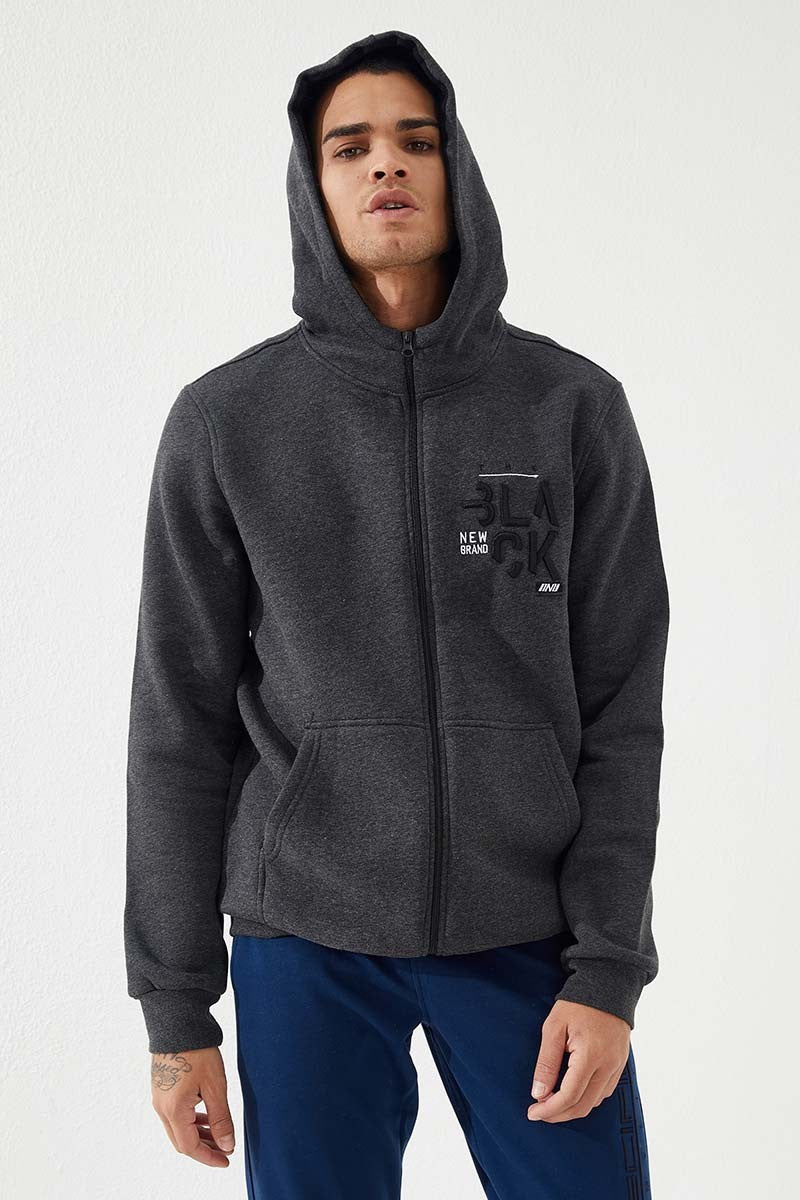 TMY Anthracite Melange Zippered Kangaroo Pocket Standard Fit Hooded Men's Sweatshirt - 87876 - Heidenheim