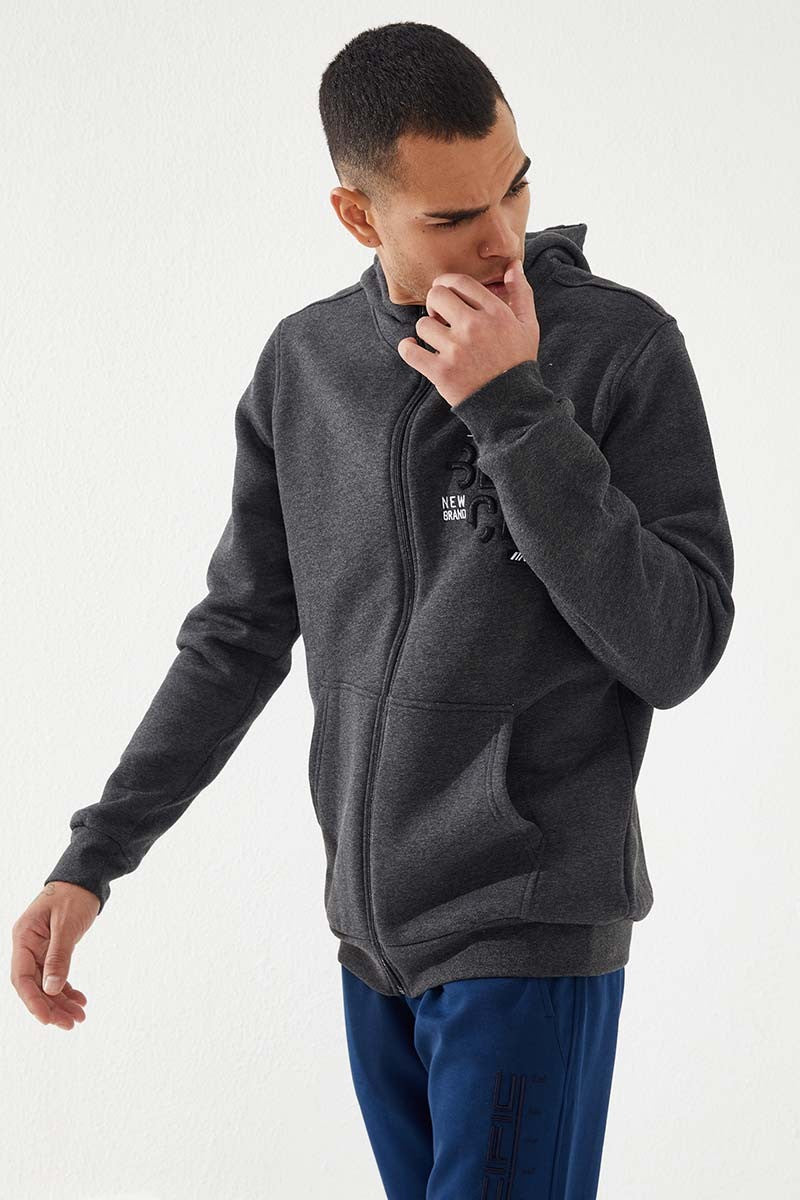 TMY Anthracite Melange Zippered Kangaroo Pocket Standard Fit Hooded Men's Sweatshirt - 87876 - Heidenheim