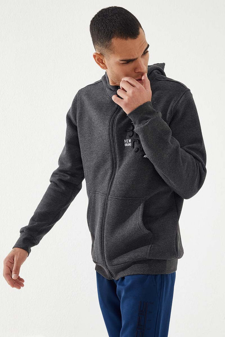 TMY Anthracite Melange Zippered Kangaroo Pocket Standard Fit Hooded Men's Sweatshirt - 87876 - Heidenheim