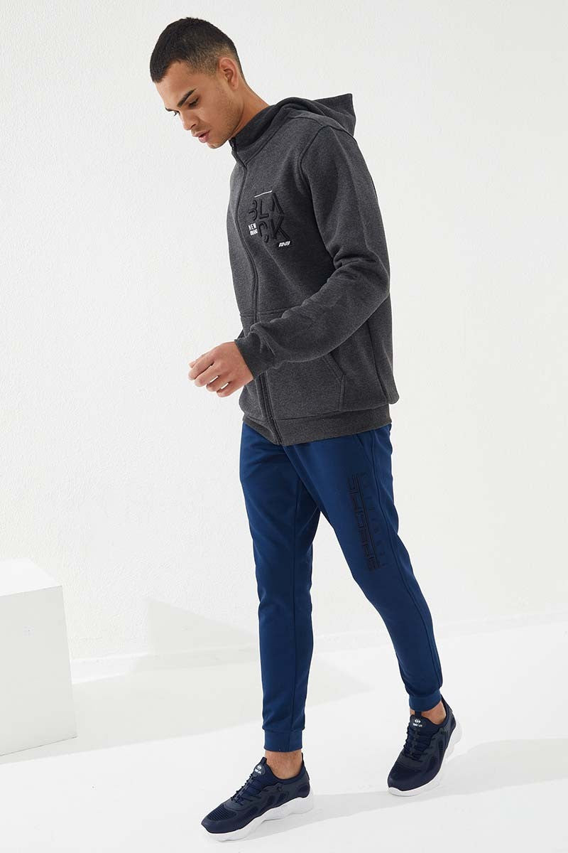 TMY Anthracite Melange Zippered Kangaroo Pocket Standard Fit Hooded Men's Sweatshirt - 87876 - Heidenheim