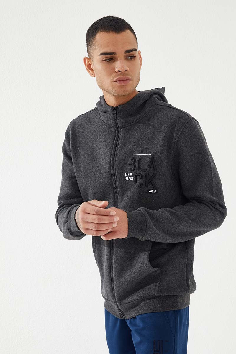 TMY Anthracite Melange Zippered Kangaroo Pocket Standard Fit Hooded Men's Sweatshirt - 87876 - Heidenheim