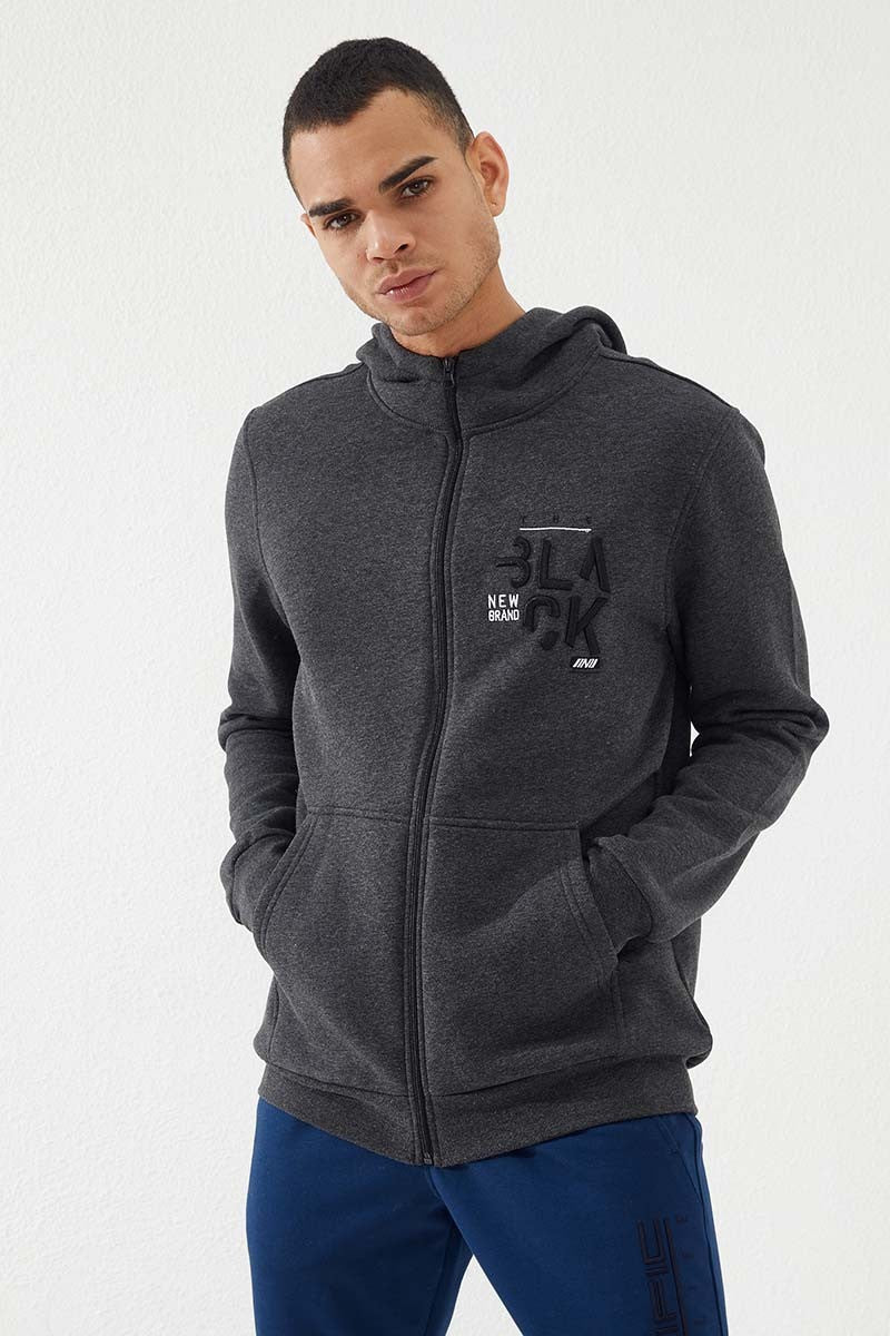 TMY Anthracite Melange Zippered Kangaroo Pocket Standard Fit Hooded Men's Sweatshirt - 87876 - Heidenheim