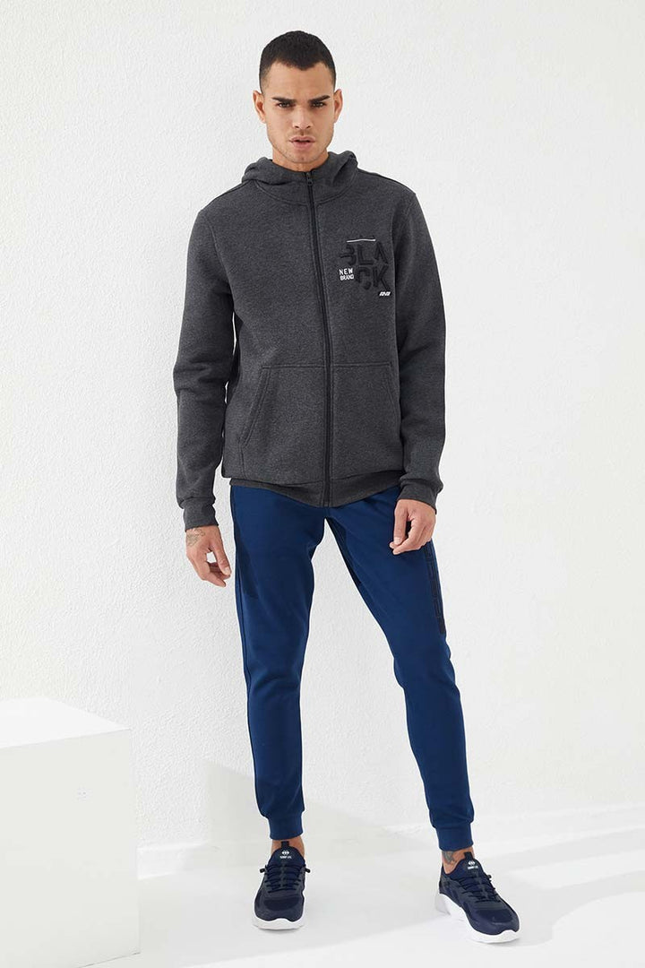 TMY Anthracite Melange Zippered Kangaroo Pocket Standard Fit Hooded Men's Sweatshirt - 87876 - Heidenheim