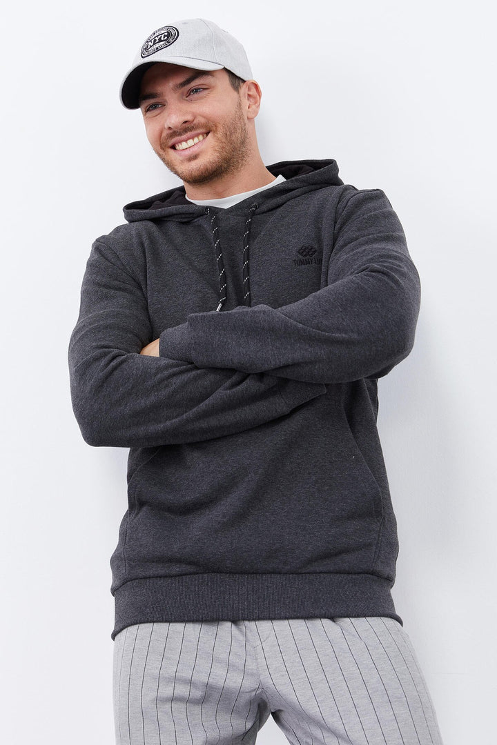 TMY Anthracite Melange Kangaroo Pocket Standard Fit Hooded Men's Sweatshirt - 87872 - Schiedam